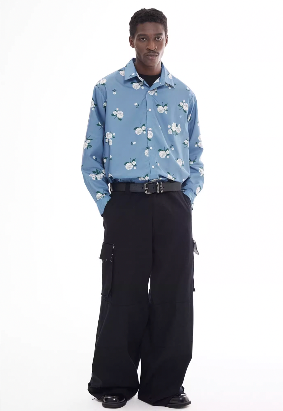 EMPTY REFERENCE Rose Print Blue Long Sleeve Shirt