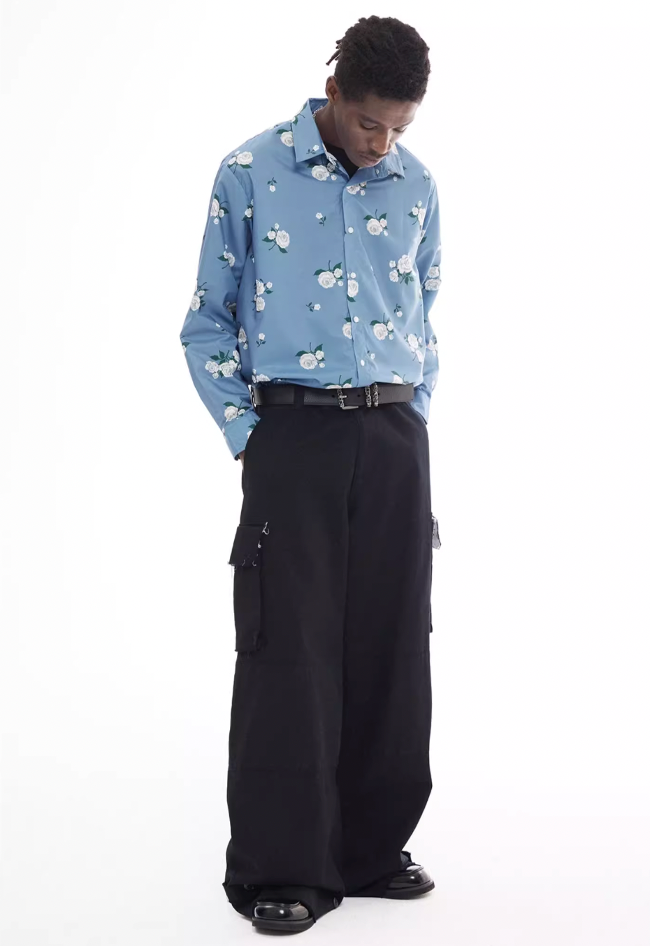 EMPTY REFERENCE Rose Print Blue Long Sleeve Shirt