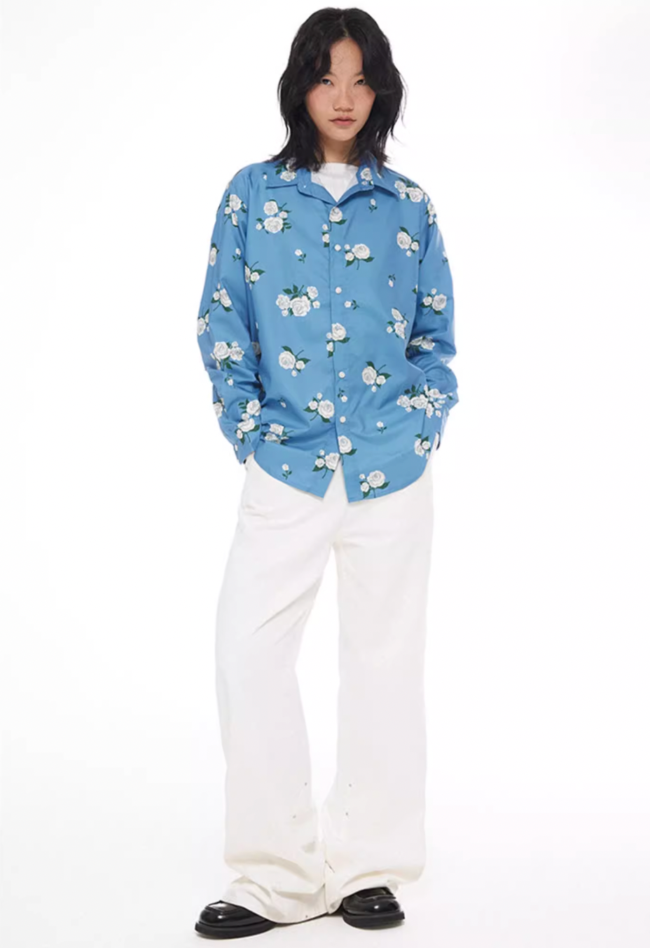 EMPTY REFERENCE Rose Print Blue Long Sleeve Shirt