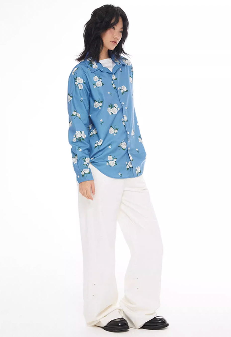EMPTY REFERENCE Rose Print Blue Long Sleeve Shirt