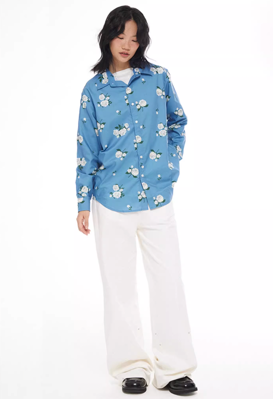 EMPTY REFERENCE Rose Print Blue Long Sleeve Shirt