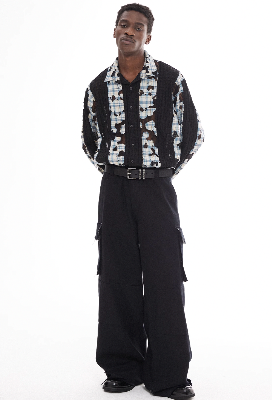 EMPTY REFERENCE Plaid Lace Patchwork Long Sleeve Shirt