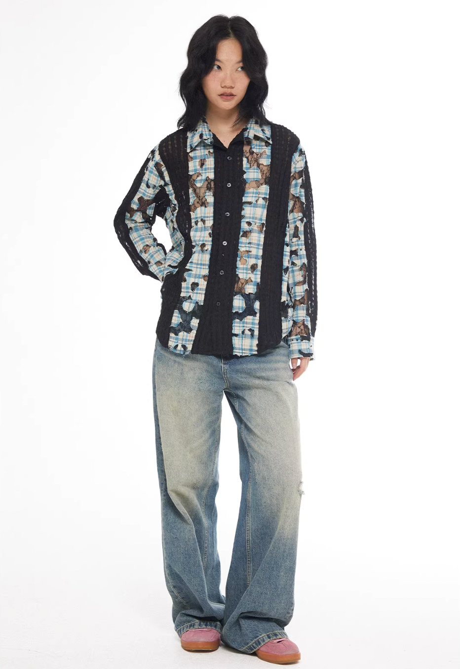EMPTY REFERENCE Plaid Lace Patchwork Long Sleeve Shirt