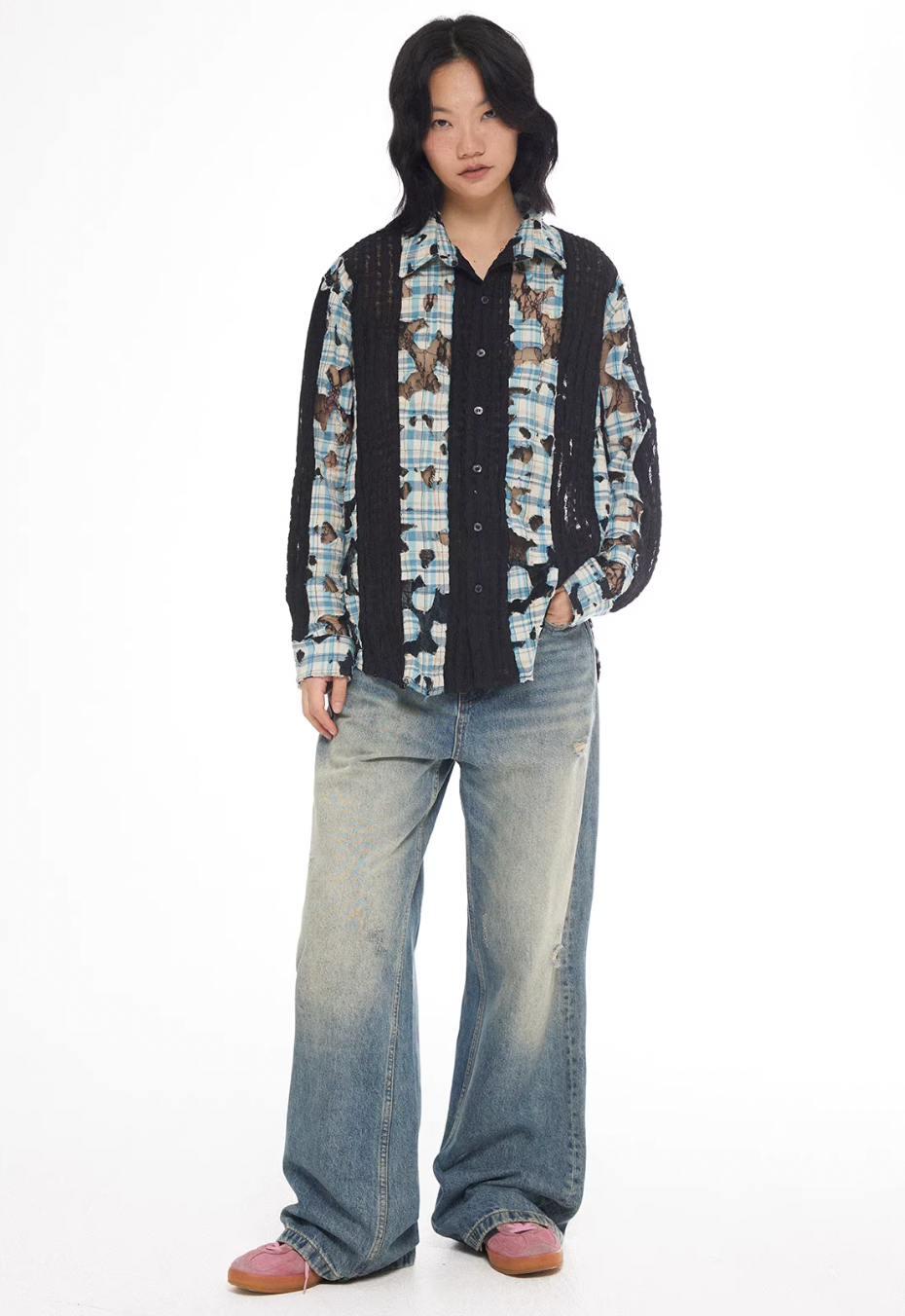 EMPTY REFERENCE Plaid Lace Patchwork Long Sleeve Shirt