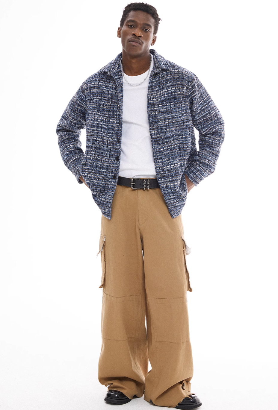 EMPTY REFERENCE Tweed Plaid Blue Long Sleeve Shirt