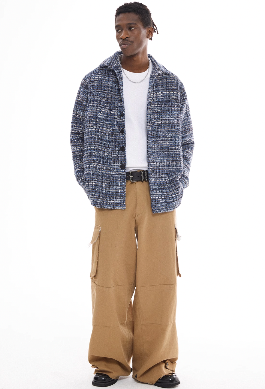 EMPTY REFERENCE Tweed Plaid Blue Long Sleeve Shirt