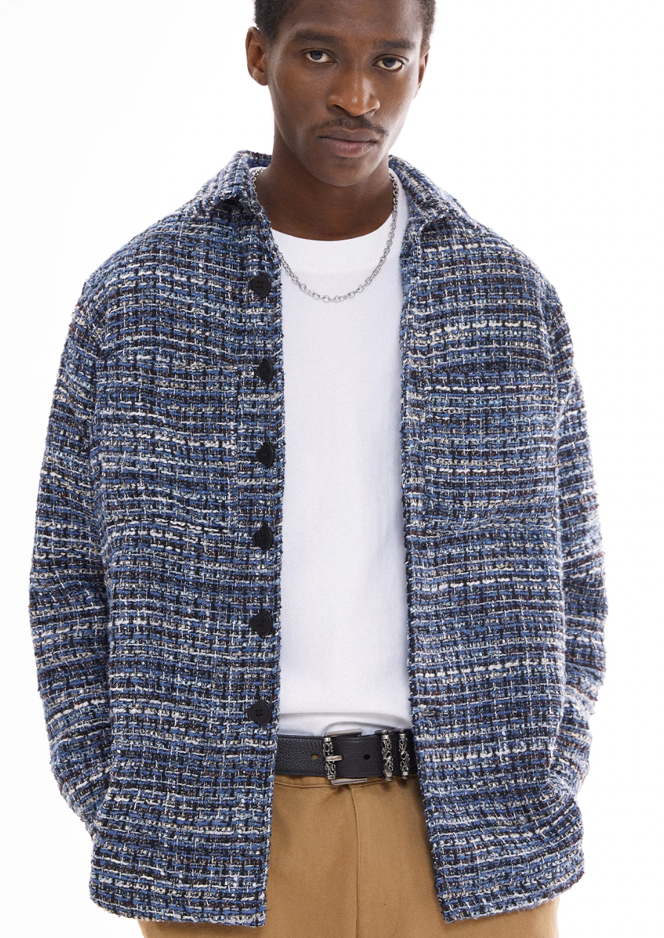 EMPTY REFERENCE Tweed Plaid Blue Long Sleeve Shirt