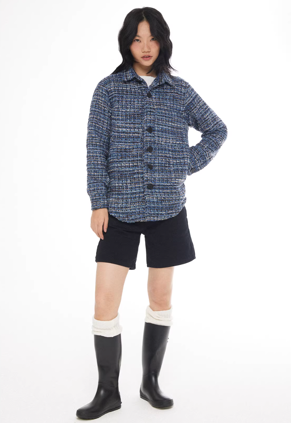 EMPTY REFERENCE Tweed Plaid Blue Long Sleeve Shirt