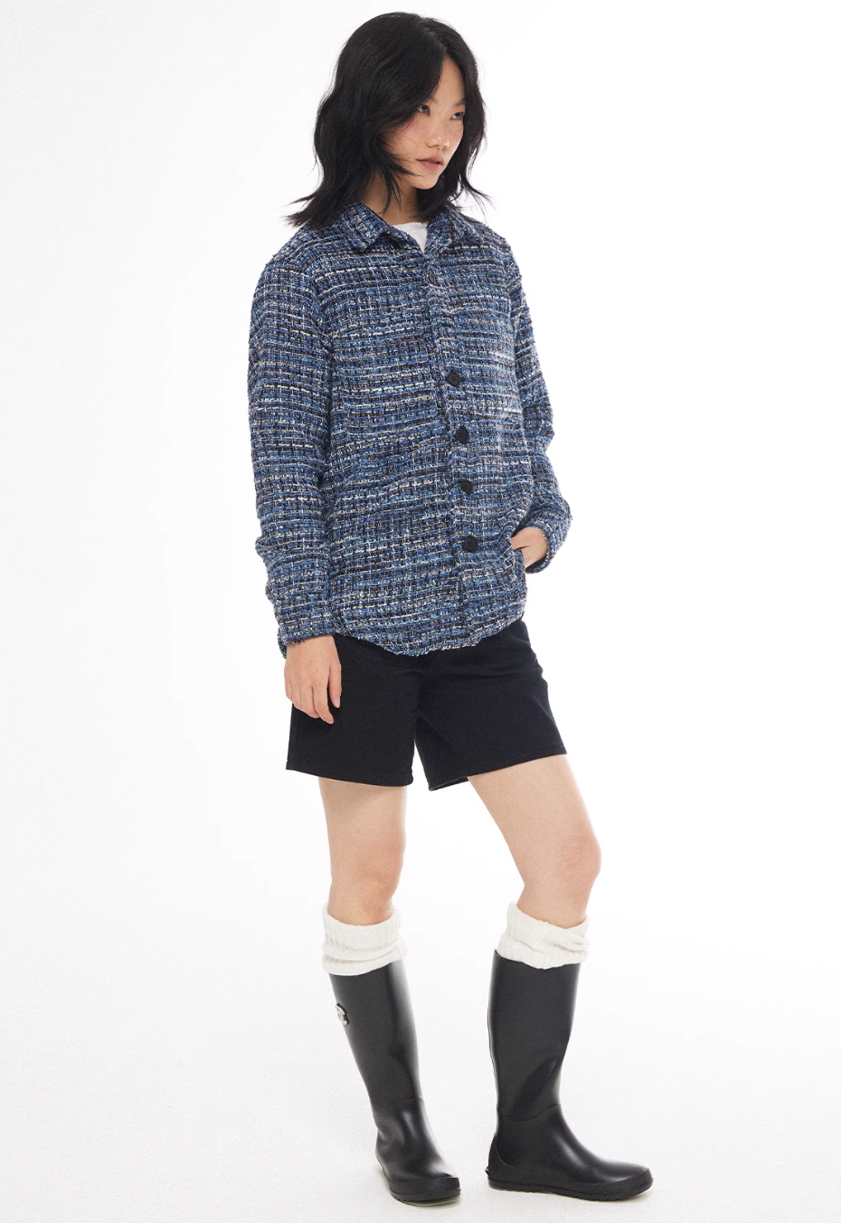 EMPTY REFERENCE Tweed Plaid Blue Long Sleeve Shirt