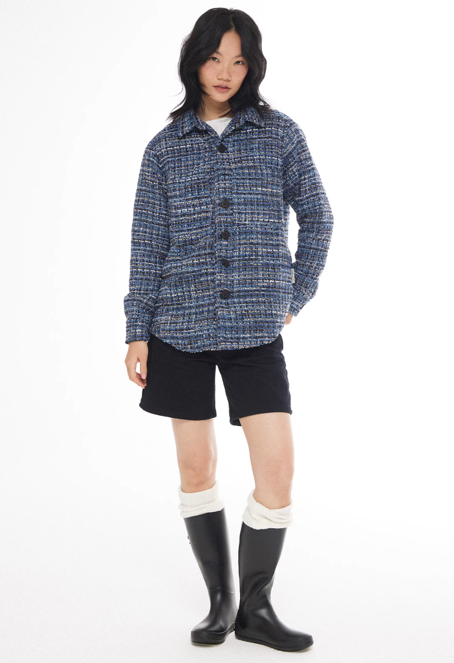 EMPTY REFERENCE Tweed Plaid Blue Long Sleeve Shirt