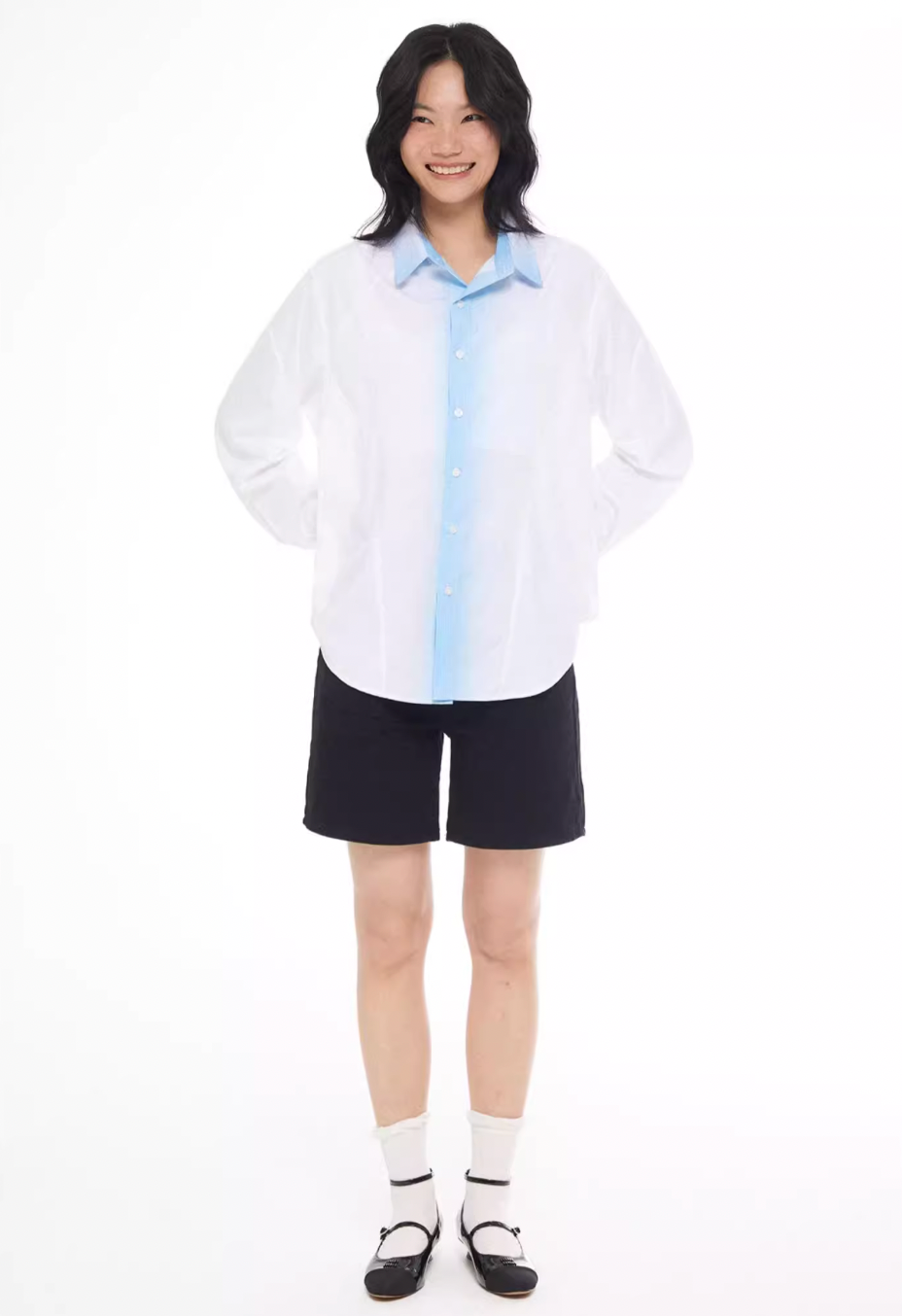EMPTY REFERENCE White Blue Stripe Gradient Long Sleeve Shirt