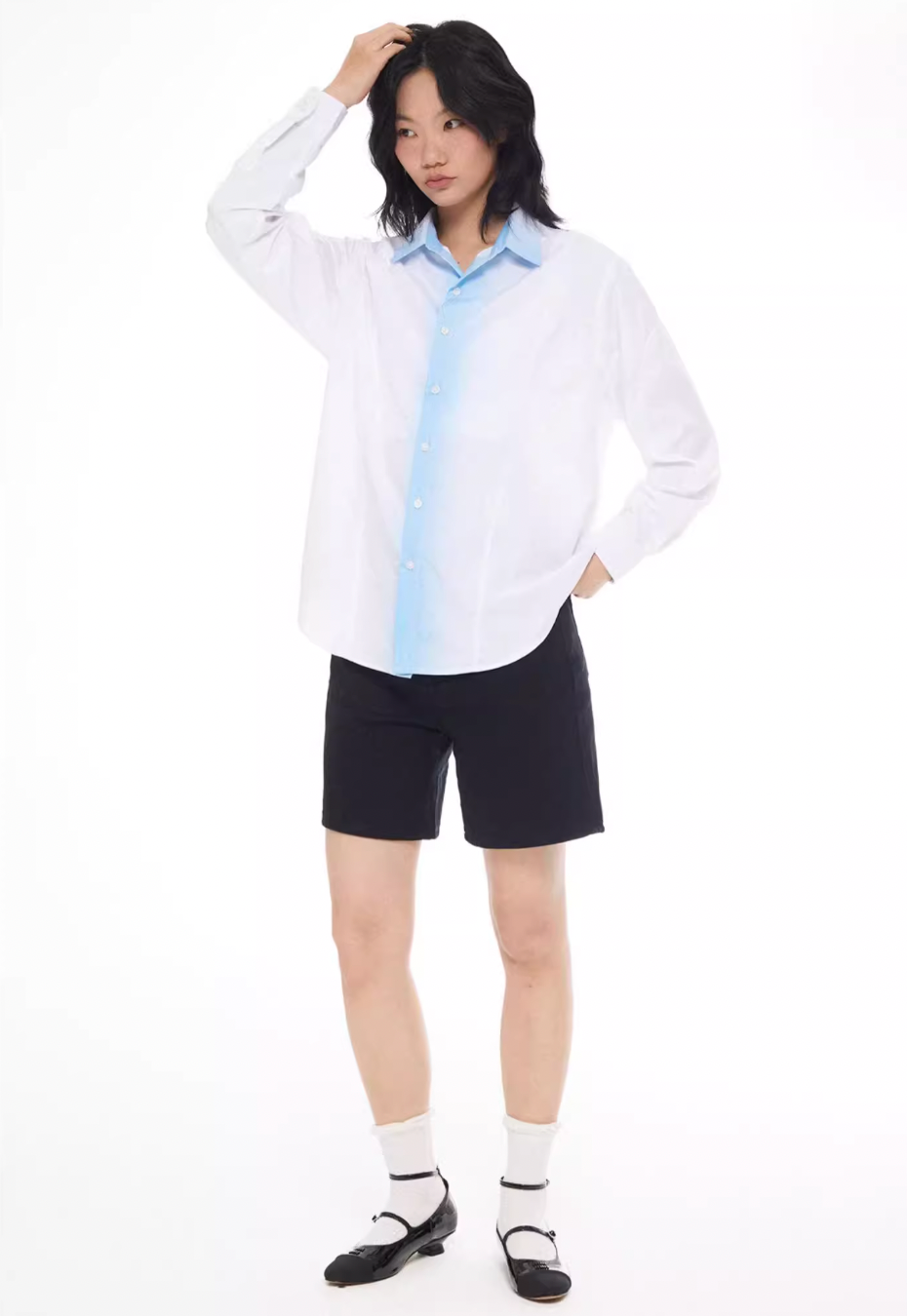 EMPTY REFERENCE White Blue Stripe Gradient Long Sleeve Shirt