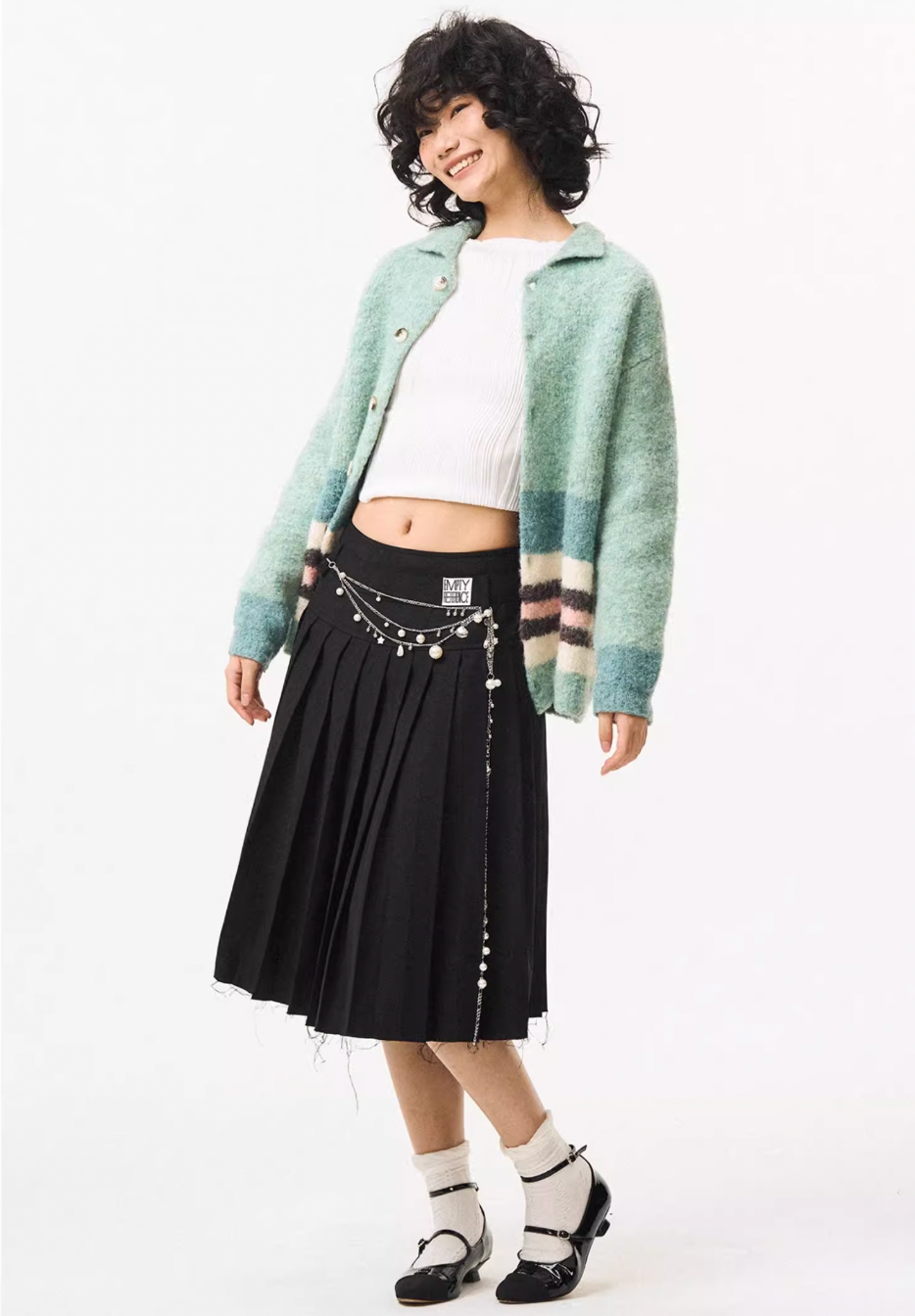 EMPTY REFERENCE Green Striped Wool Knit Cardigan
