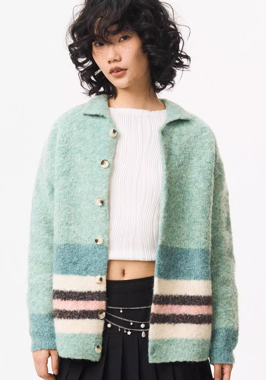 EMPTY REFERENCE Green Striped Wool Knit Cardigan