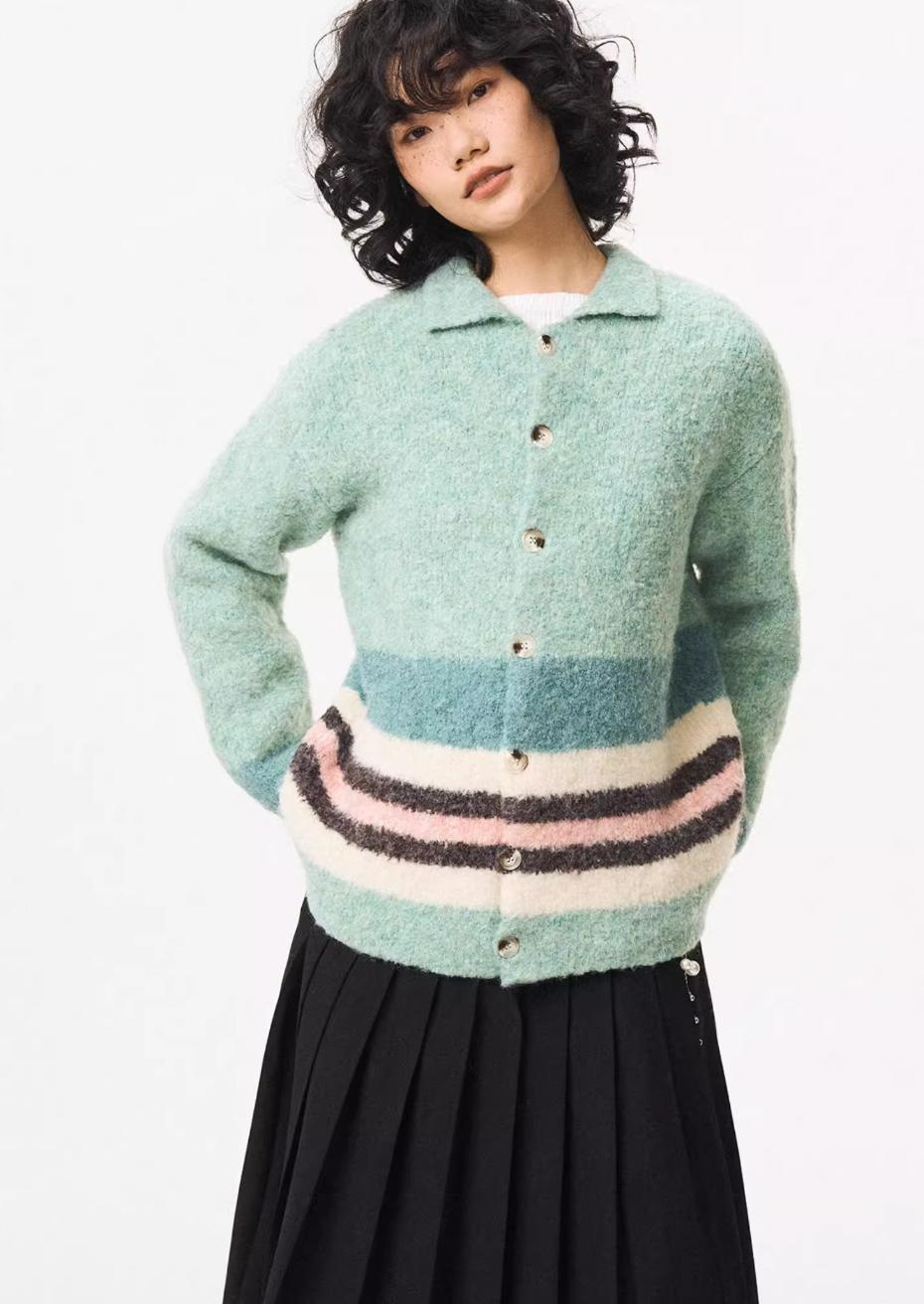 EMPTY REFERENCE Green Striped Wool Knit Cardigan