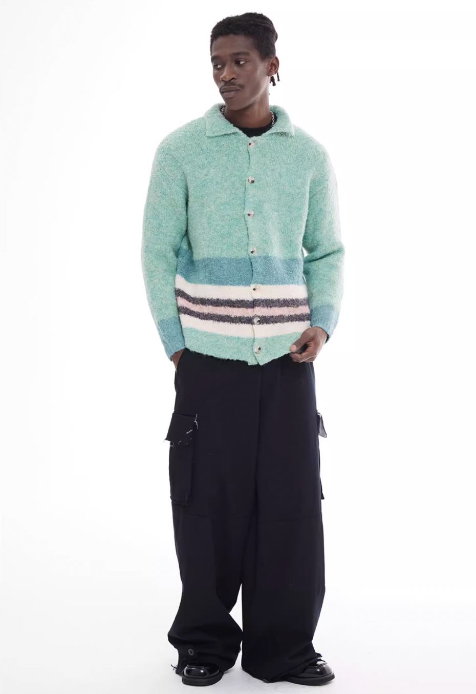 EMPTY REFERENCE Green Striped Wool Knit Cardigan