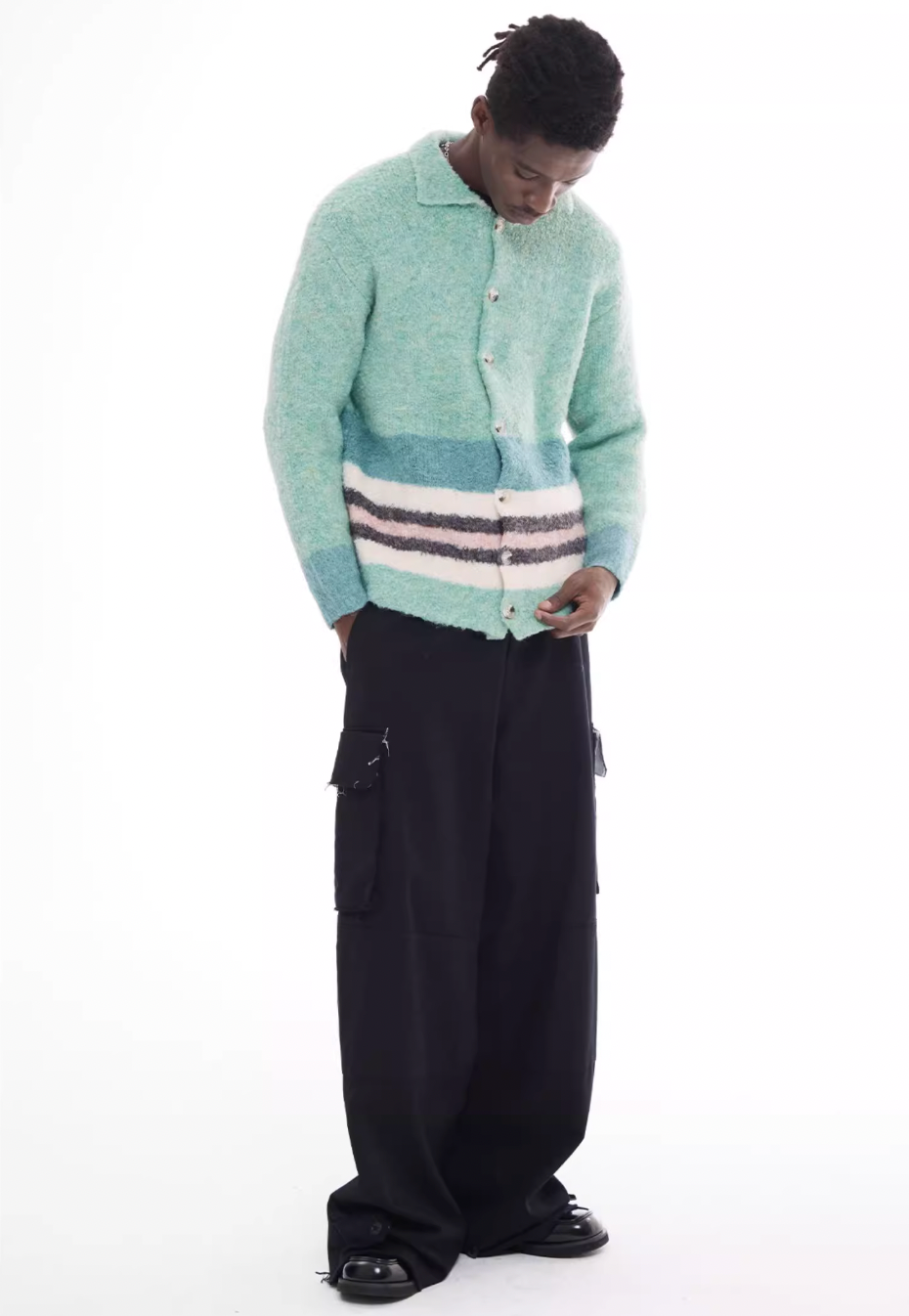EMPTY REFERENCE Green Striped Wool Knit Cardigan