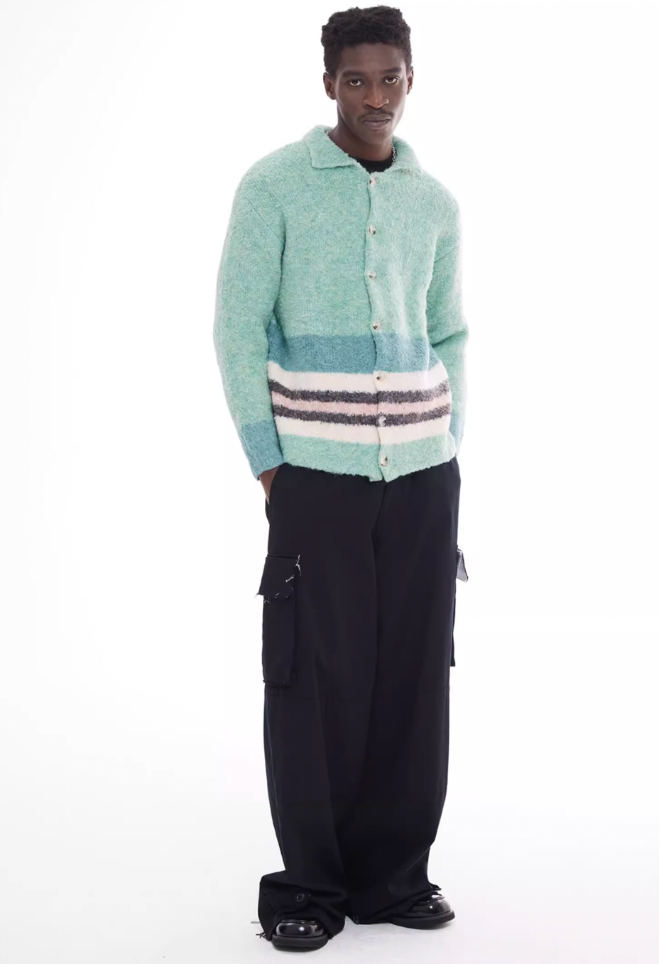 EMPTY REFERENCE Green Striped Wool Knit Cardigan
