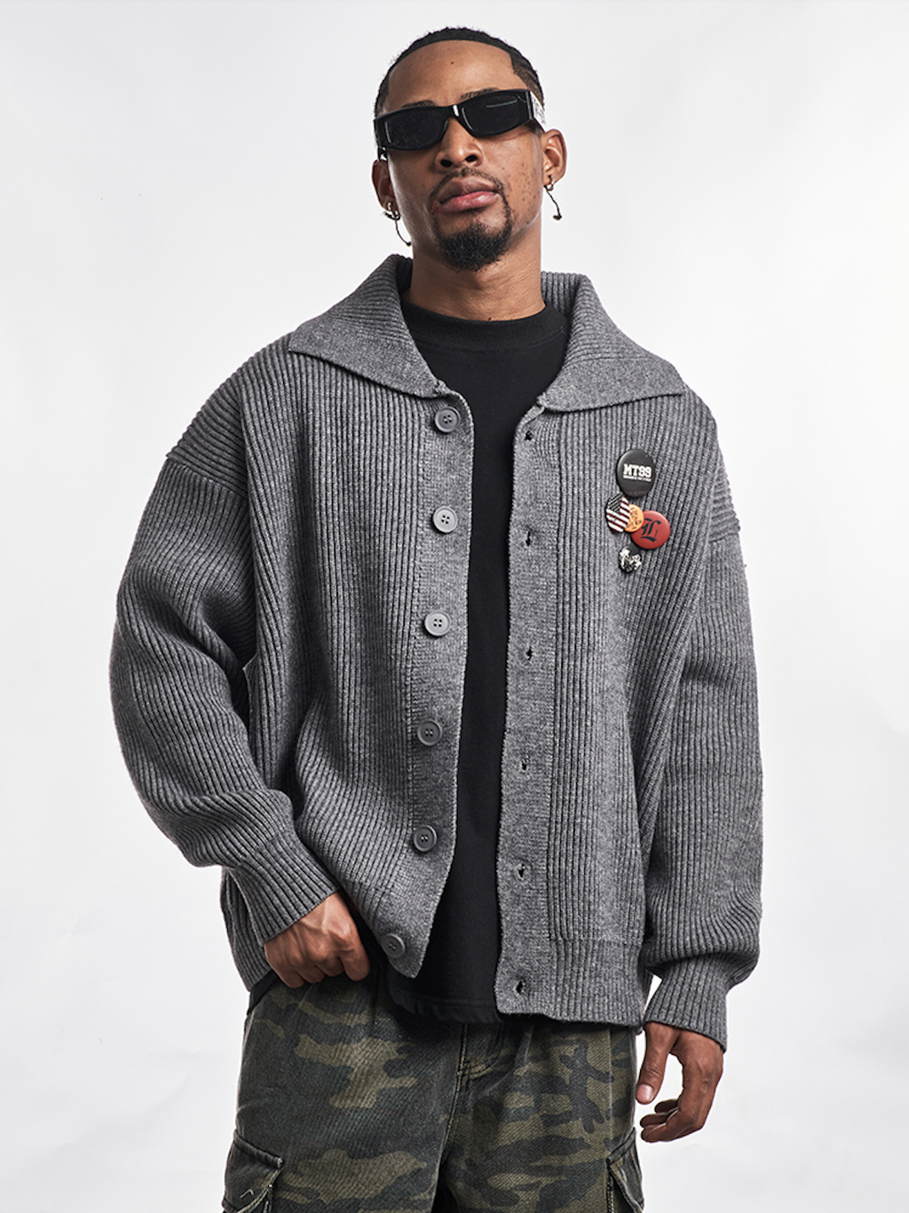 F3F Select Wide Lapel Gray Button Knit Cardigan