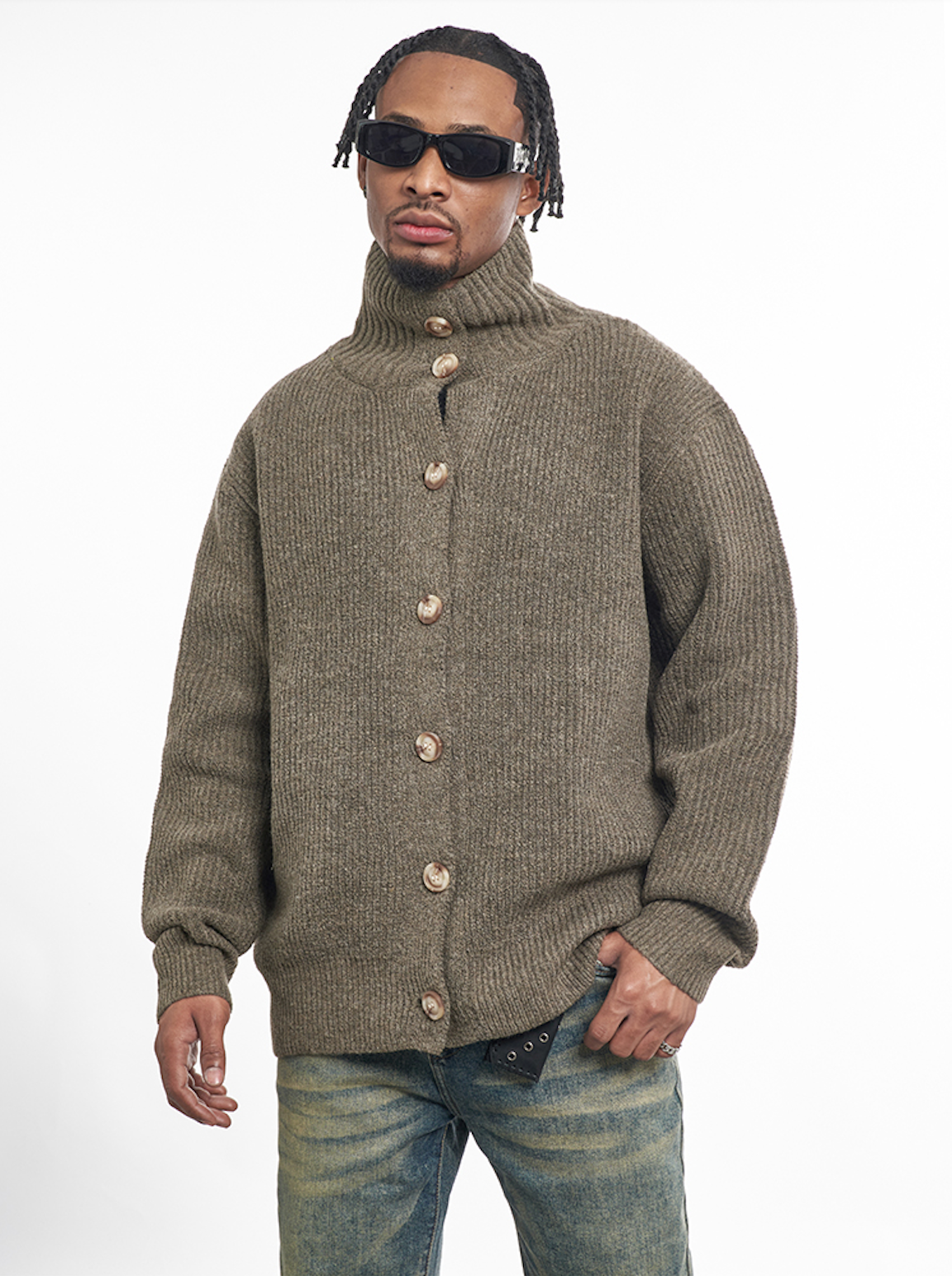 F3F Select High Neck Collar Button Knit Cardigan