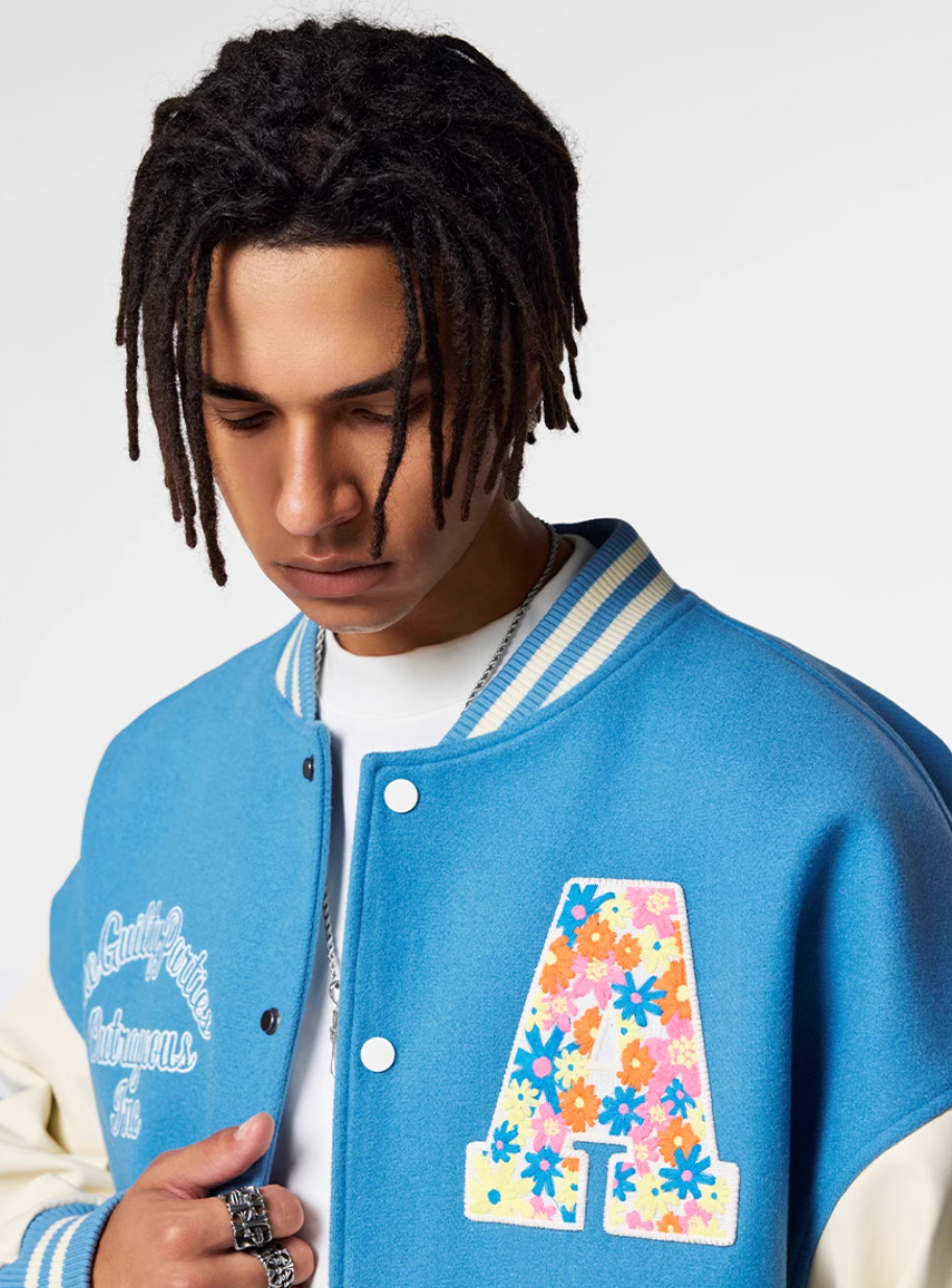 Achock Colorful Flower Logo Embroidery Varsity Jacket
