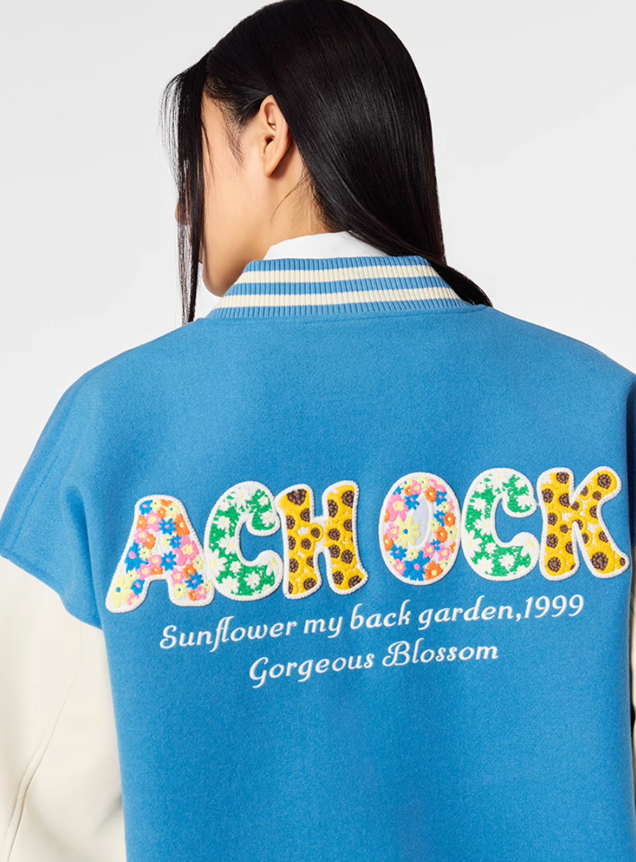 Achock Colorful Flower Logo Embroidery Varsity Jacket