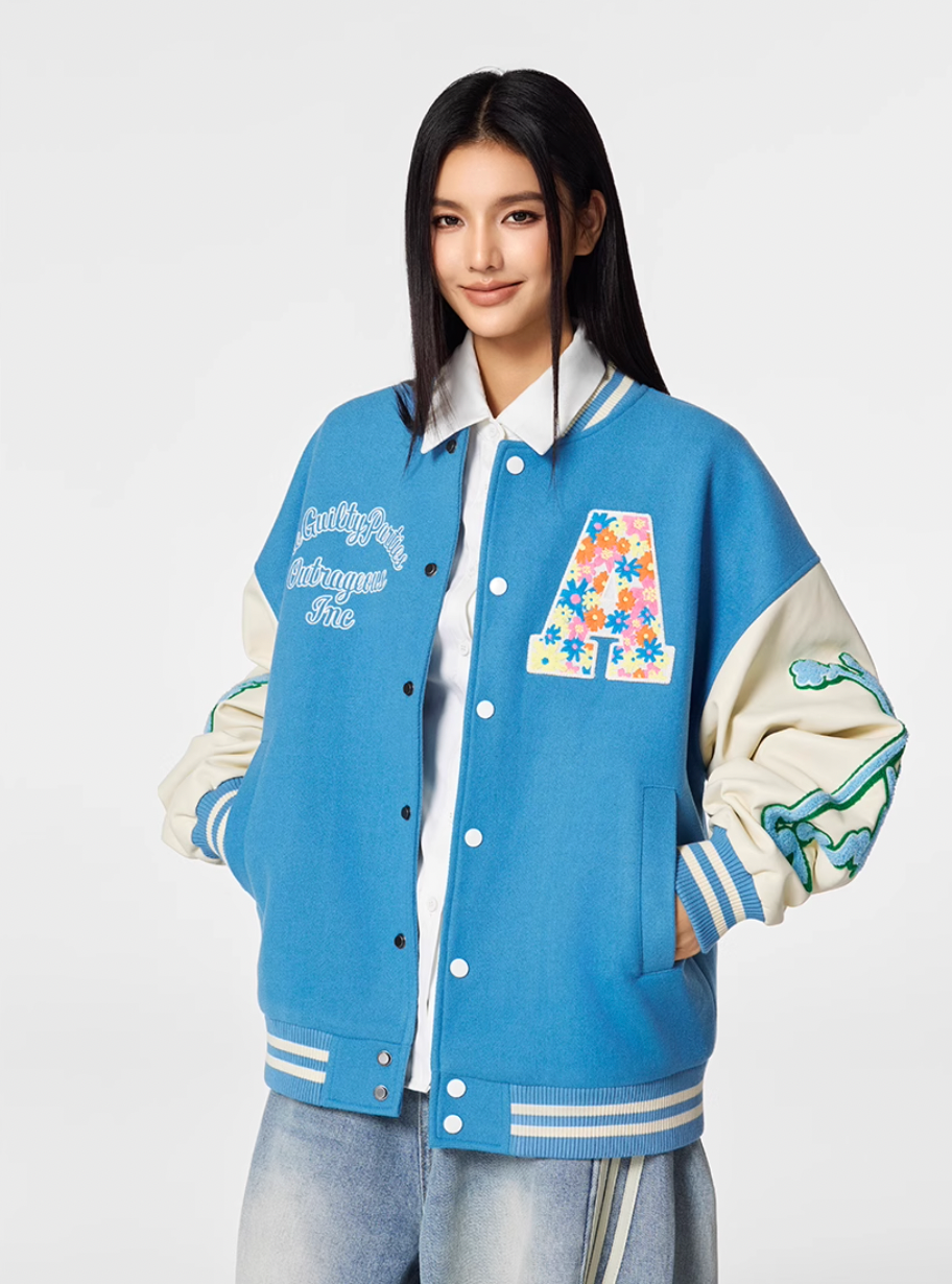 Achock Colorful Flower Logo Embroidery Varsity Jacket