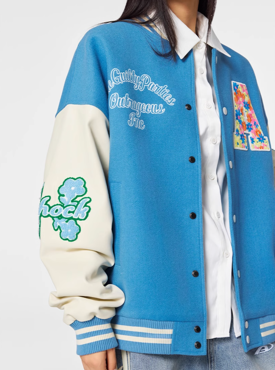 Achock Colorful Flower Logo Embroidery Varsity Jacket
