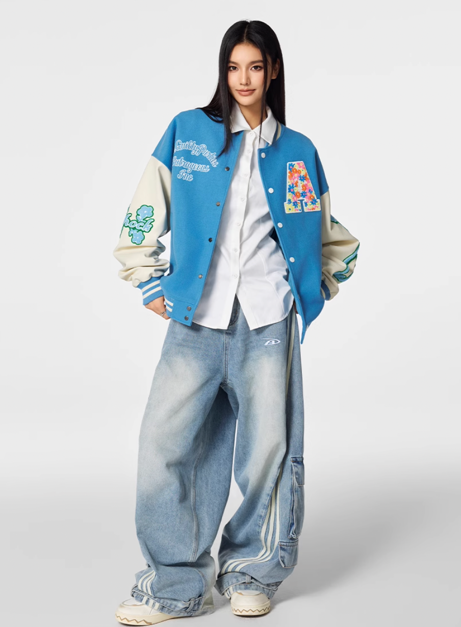 Achock Colorful Flower Logo Embroidery Varsity Jacket