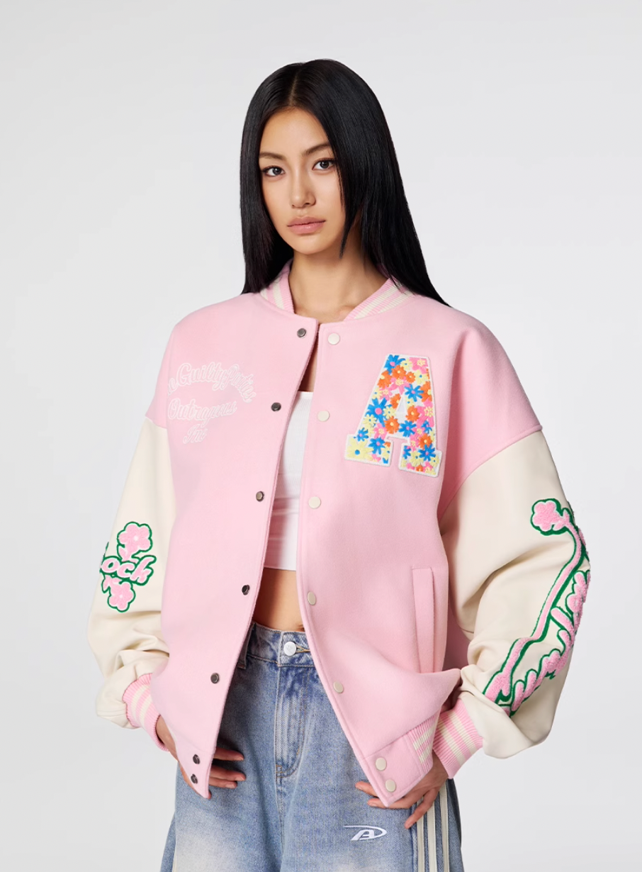 Achock Colorful Flower Logo Embroidery Varsity Jacket