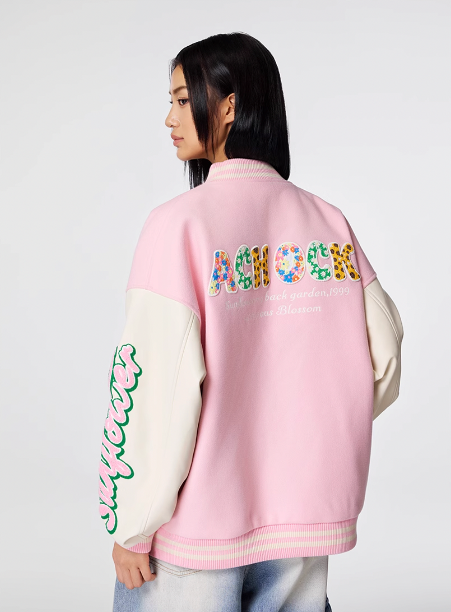Achock Colorful Flower Logo Embroidery Varsity Jacket