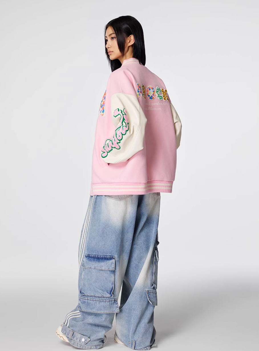 Achock Colorful Flower Logo Embroidery Varsity Jacket