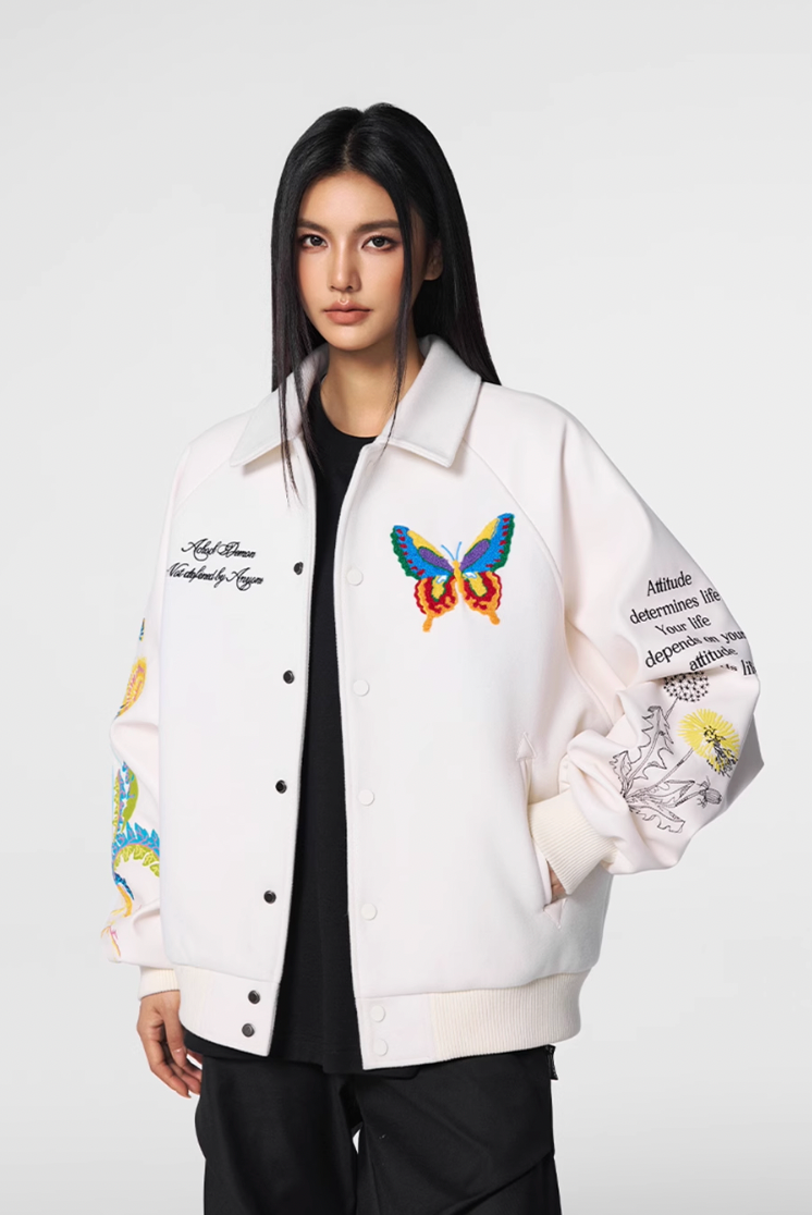 Achock Colorful Butterfly Embroidery Varsity Jacket