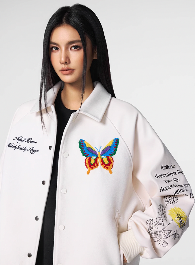 Achock Colorful Butterfly Embroidery Varsity Jacket