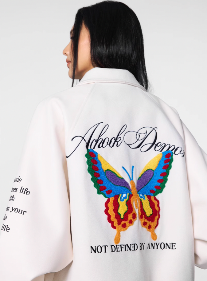 Achock Colorful Butterfly Embroidery Varsity Jacket