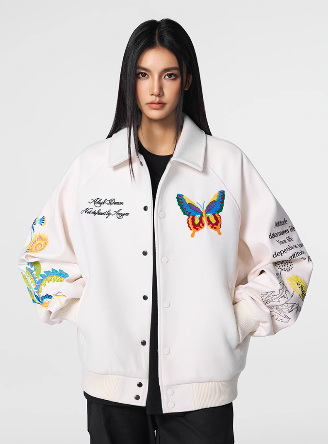 Achock Colorful Butterfly Embroidery Varsity Jacket