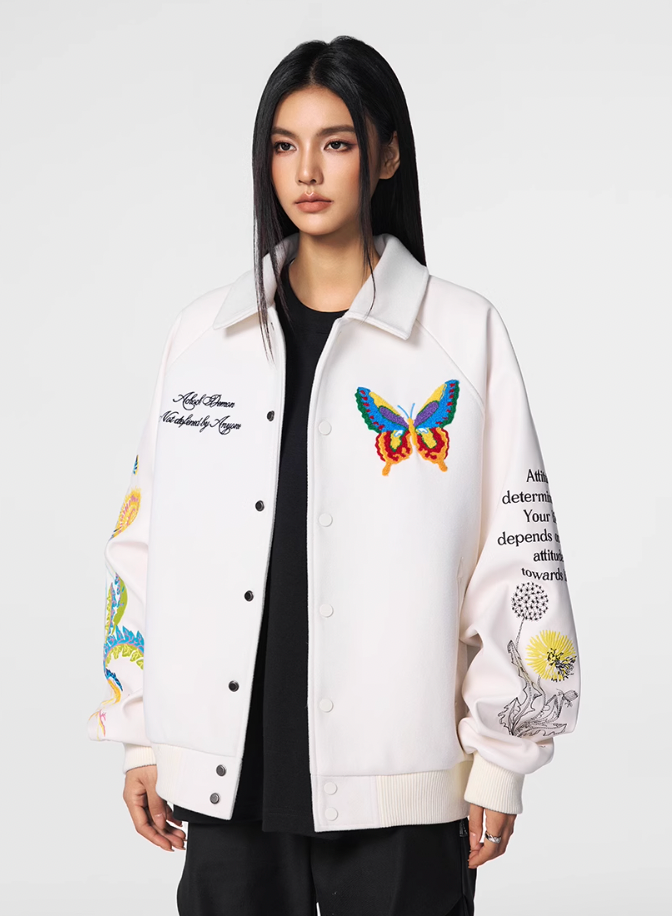 Achock Colorful Butterfly Embroidery Varsity Jacket