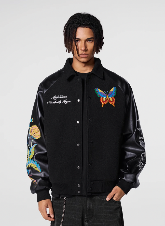Achock Colorful Butterfly Embroidery Varsity Jacket