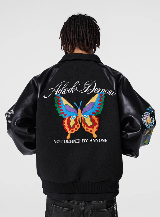 Achock Colorful Butterfly Embroidery Varsity Jacket