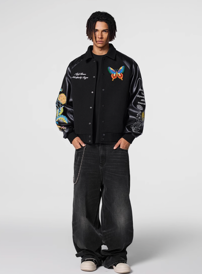 Achock Colorful Butterfly Embroidery Varsity Jacket