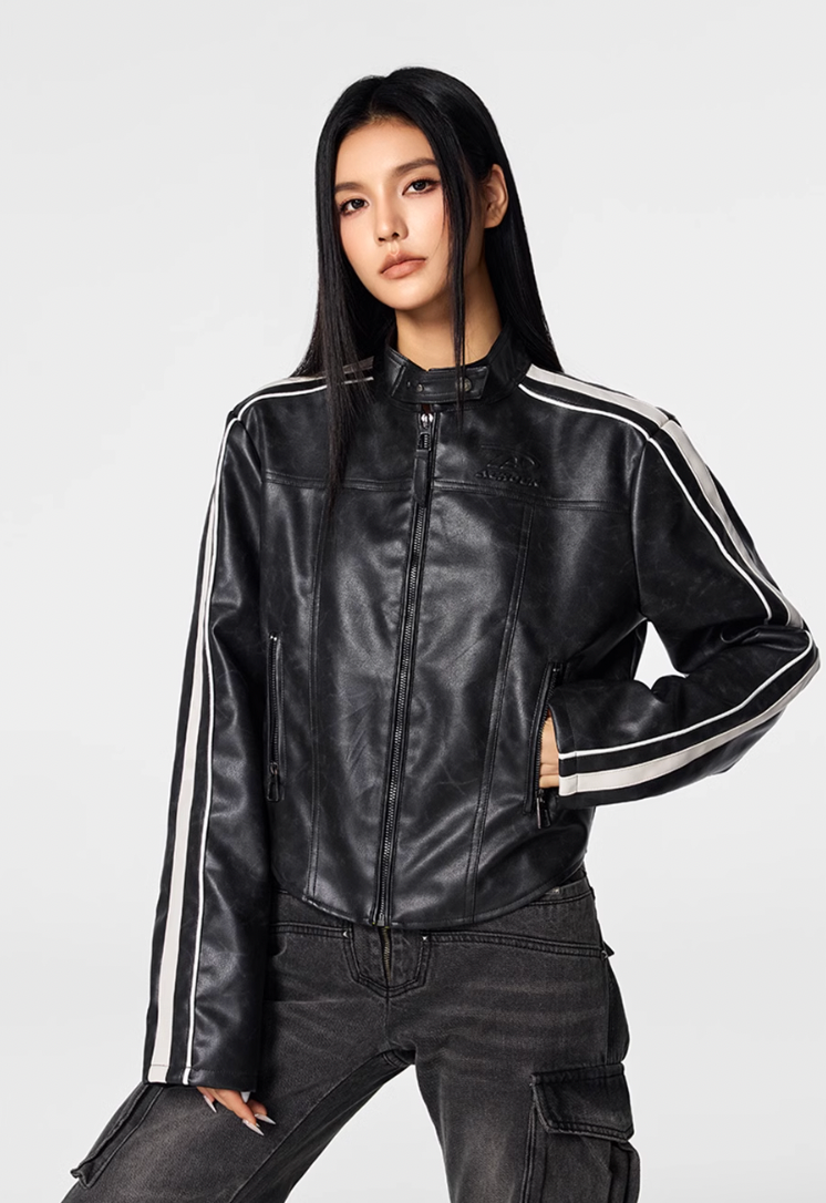Achock Girls' Striped Leather Short Motorcycle Jacket