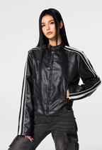 Achock Girls' Striped Leather Short Motorcycle Jacket