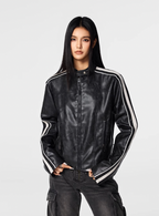 Achock Girls' Striped Leather Short Motorcycle Jacket
