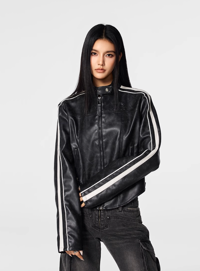 Achock Girls' Striped Leather Short Motorcycle Jacket
