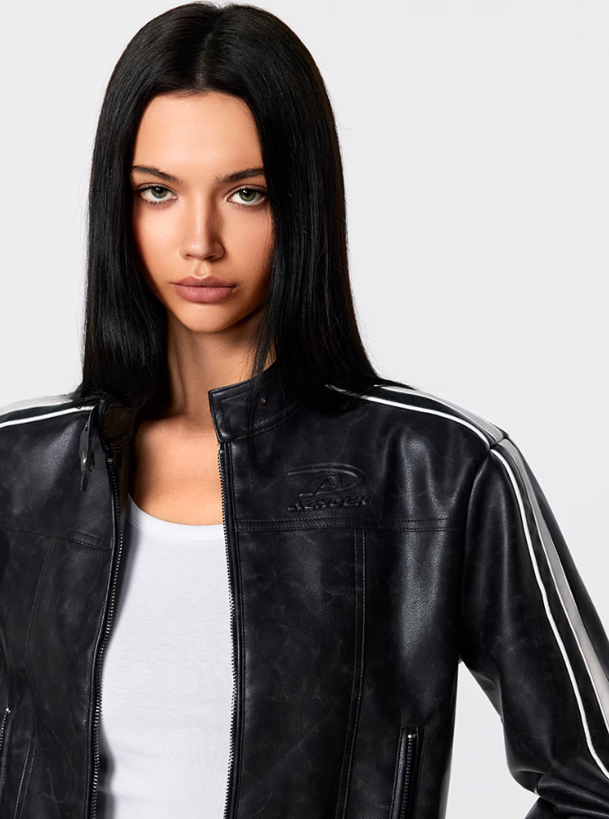 Achock Girls' Striped Leather Short Motorcycle Jacket
