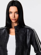 Achock Girls' Striped Leather Short Motorcycle Jacket