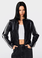Achock Girls' Striped Leather Short Motorcycle Jacket