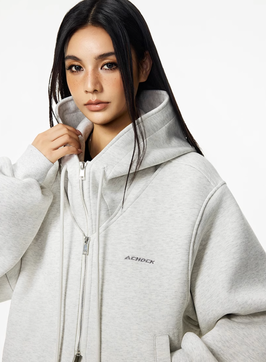 Achock Layered Double Zip Hooded Sweatshirt Jacket