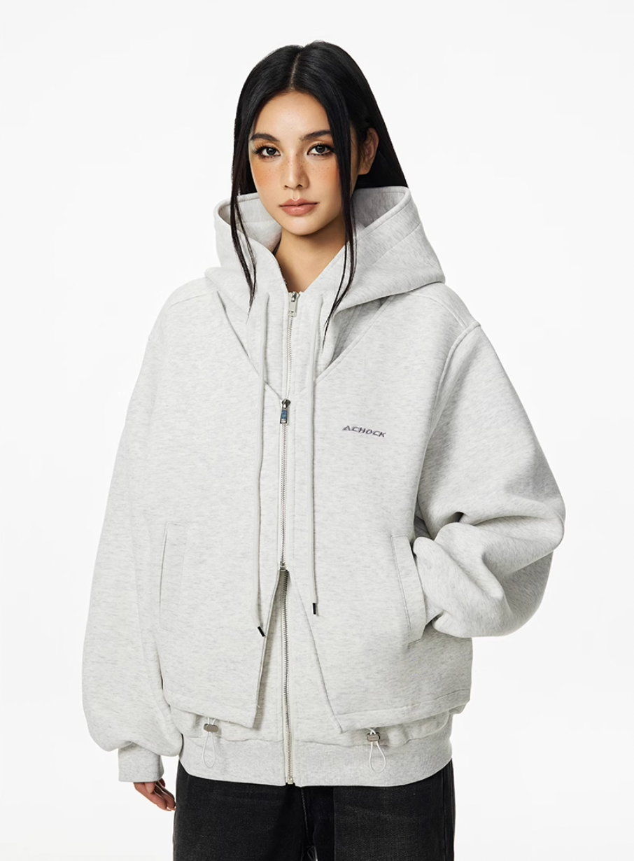 Achock Layered Double Zip Hooded Sweatshirt Jacket
