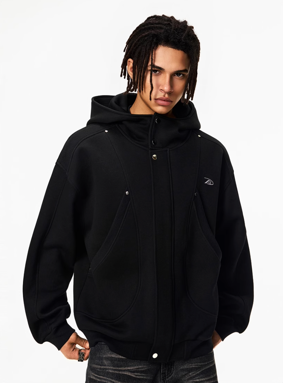 Achock Snap Button Wind Flap Zip Up Hooded Jacket